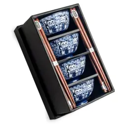 Japanische Glückskatzenschalen mit Essstäbchen - Essgruppe - 4er Set