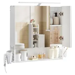 VASAGLE Badezimmerspiegel-Schrank mit Beleuchtung 3 Türen Modern Weiß 70x70x14,5 cm