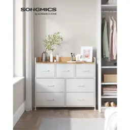 Euziel Schlafzimmerkommode - 7 Stoffschubladen mit Griffen - Wolkenweiß und Eichenbeige 7 Schubladen-weiß