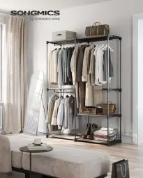 SONGMICS Offener Kleiderschrank mit 3 Hängefächern für Schlafzimmer Wohnzimmer 138 x 43 x 182 cm