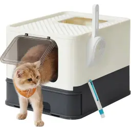 Euziel Katzenklo mit Deckel, erweiterbaare Schale, geräumig für Katzen bis 15 kg 54,3x42,5x37,8cm - Geige/Schwarz
